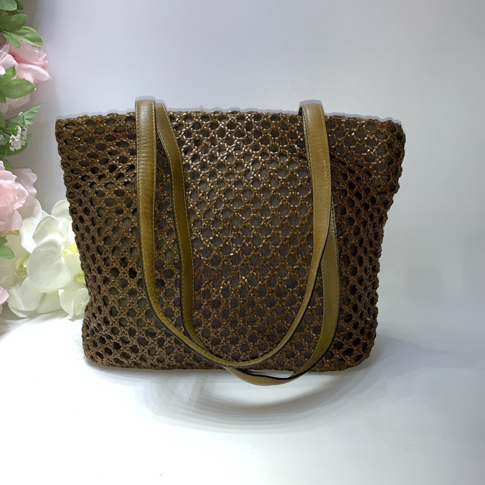 Fossil Leather Weave Tote Shoulder Bag Green Large